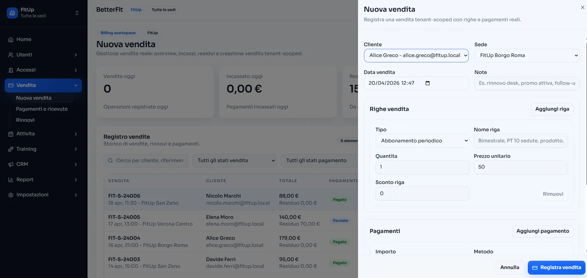 Flusso nuova vendita di BetterFit con righe vendita e pagamenti.